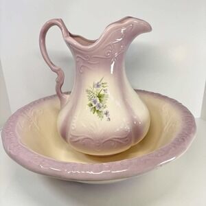 Vintage Ironstone Lavender Floral Pitcher & Wash Basin Set Embossed Victorian